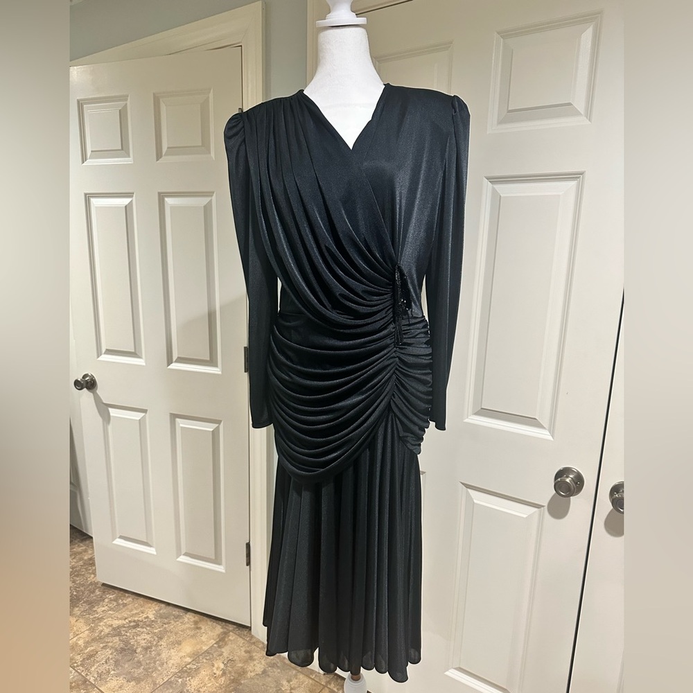 Sophisticated Black Draped Long Sleeve Dress